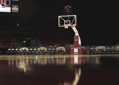 Basketball court with players in action